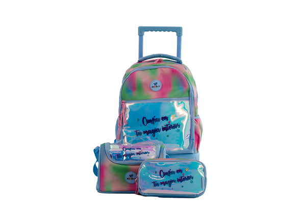 Mochila Escolar Runway Acuarela Con Ruedas Y Frase