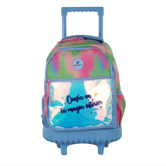 Mochila Escolar Runway Acuarela Con Ruedas Y Frase