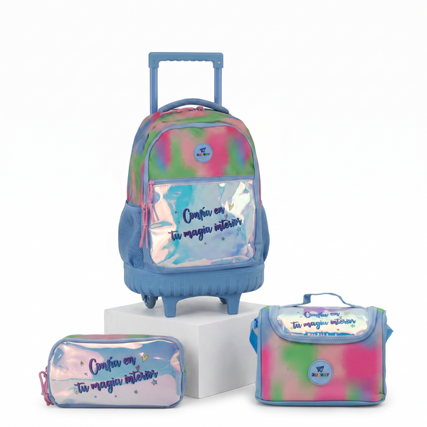 Kit Escolar Mochila de Ruedas, Lonchera y Lapicera - Acuarela