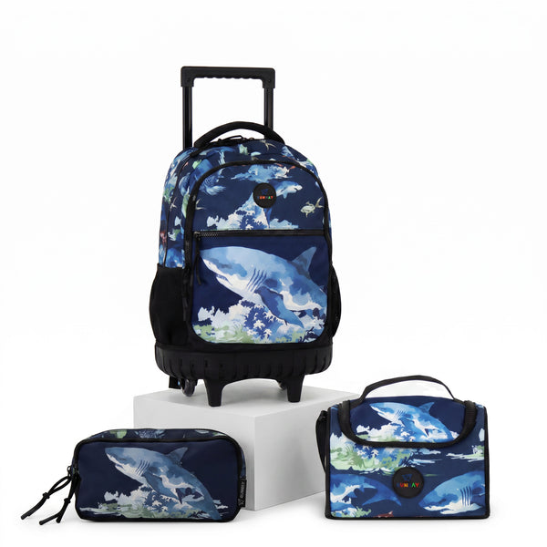 Kit Escolar Mochila de Ruedas, Lonchera y Lapicera - Tiburó